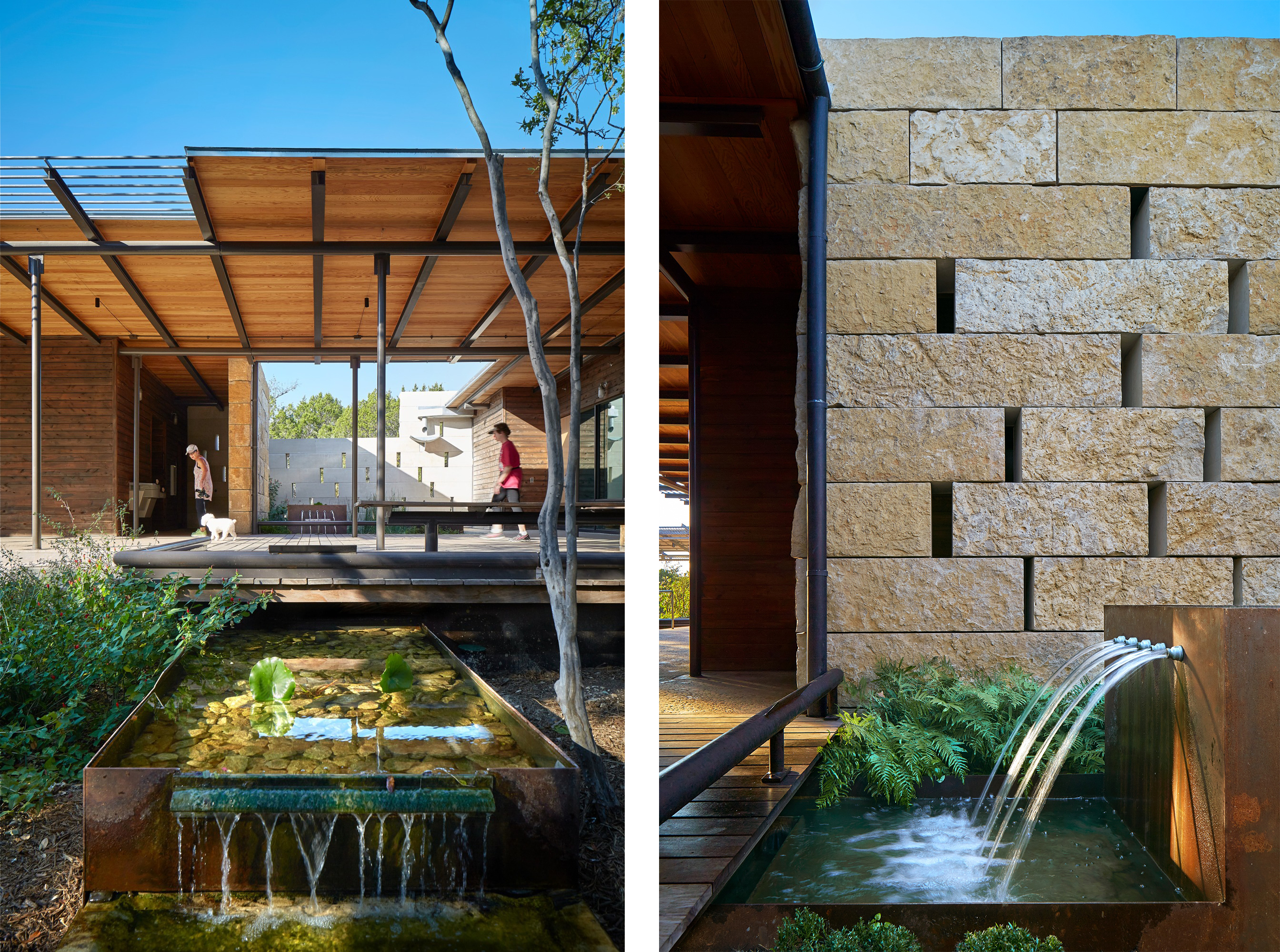 Wood and steel canopy over an outdoor wood deck surrounded by stone walls and water features. 