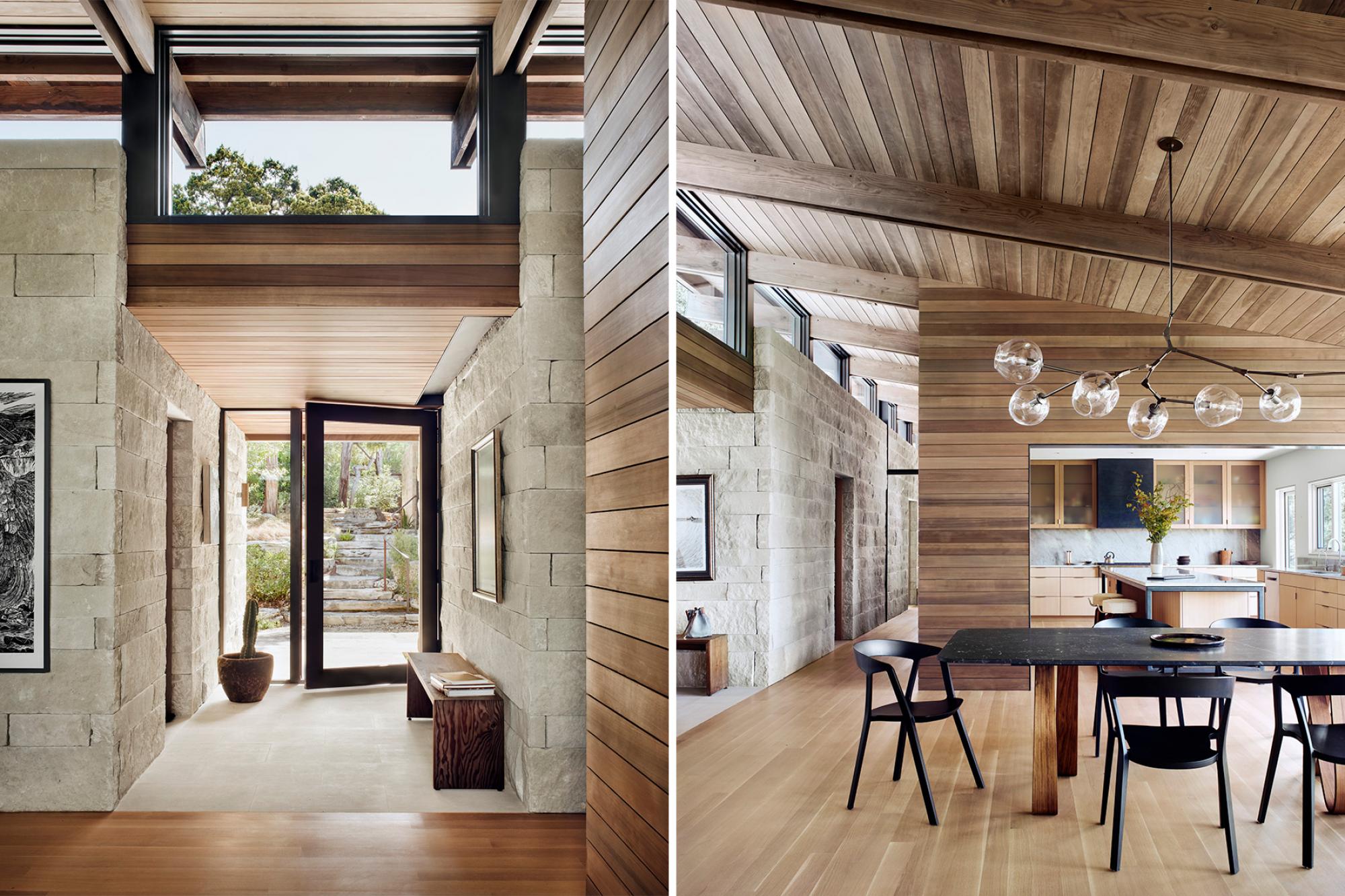 Interior materials consist of wood and stone, repeating grid of wood columns and beams creates the graceful shed that sits lightly on the stone