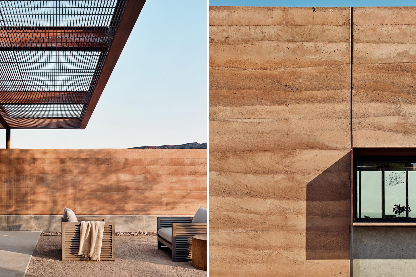 The 2-0” thick rammed earth walls are exposed on both sides and extend from the interior into the landscape, connecting indoor spaces to the patios and courtyard