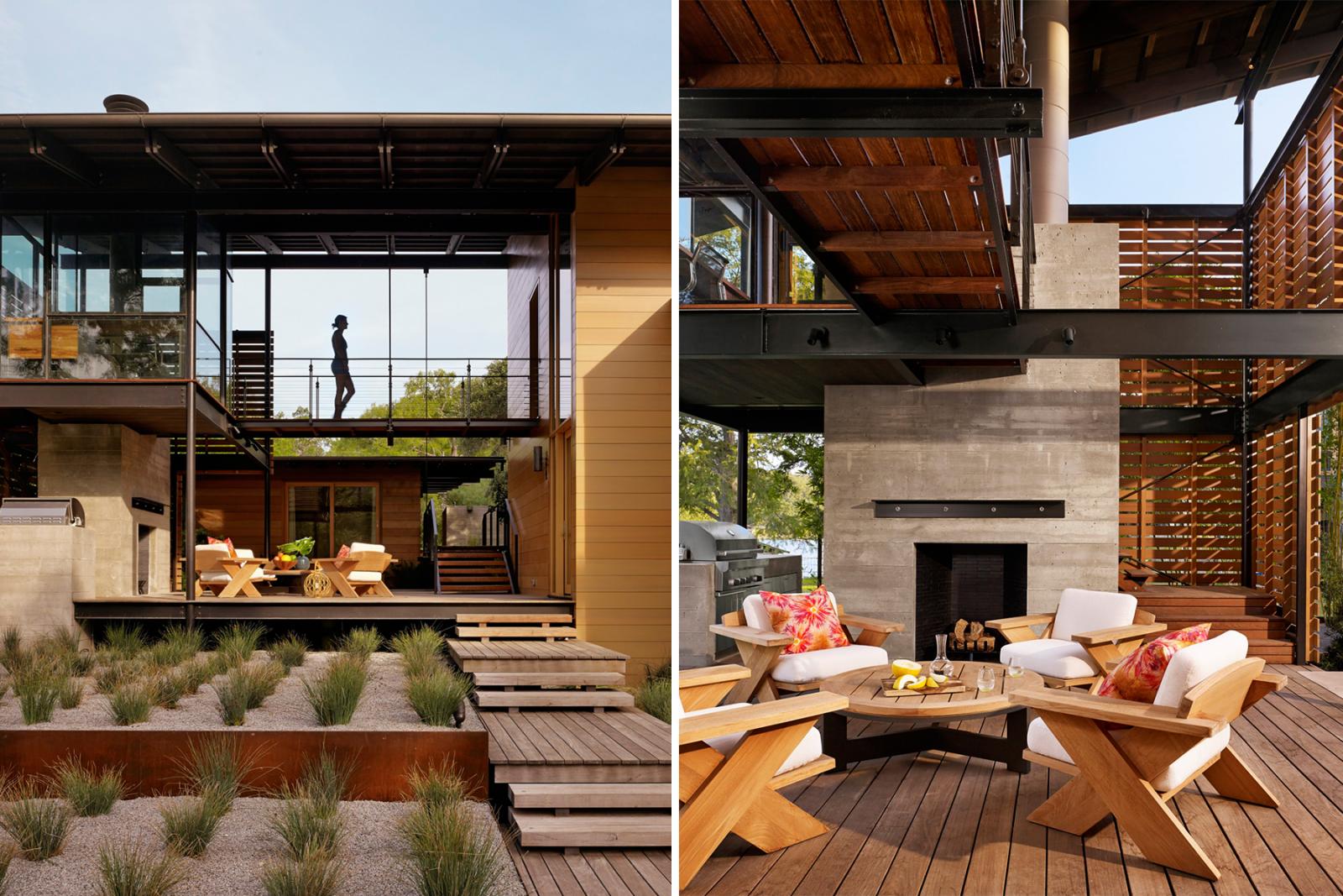 A two-story living area, with a treetop level master bedroom loft and “crow’s nest” office, allow the house to be both intimate and social, effortlessly engaging guests and owners