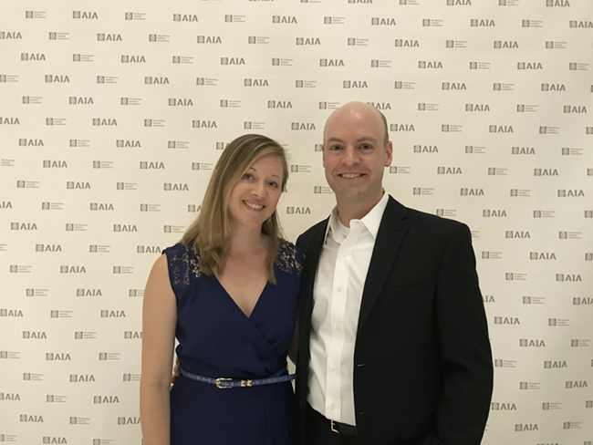 Hillary Whites (Photoshoot Manager) &amp; Gus Starkey (Project Manager) at the AIA Housing Award celebration for Blue Lake Retreat.